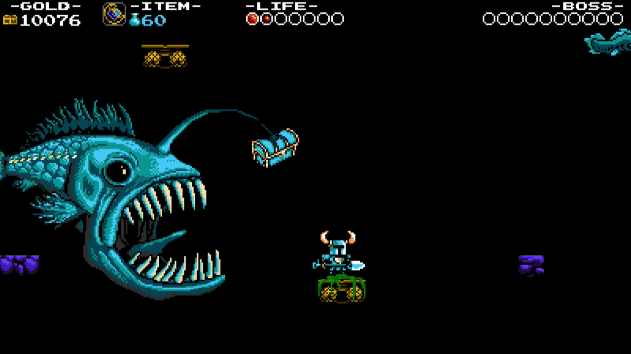 Shovel Knight tries to avoid the lure of a Teethalon's dangling treasure chest, while exploring the depths of Treasure Knight's Iron Whale.